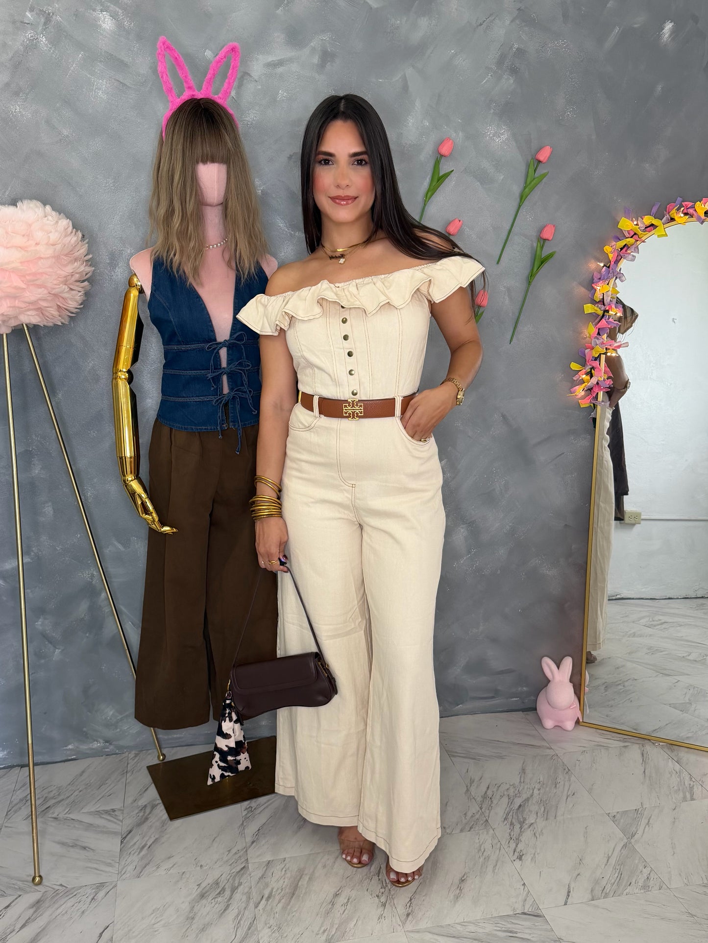 Cream Denim Jumpsuit
