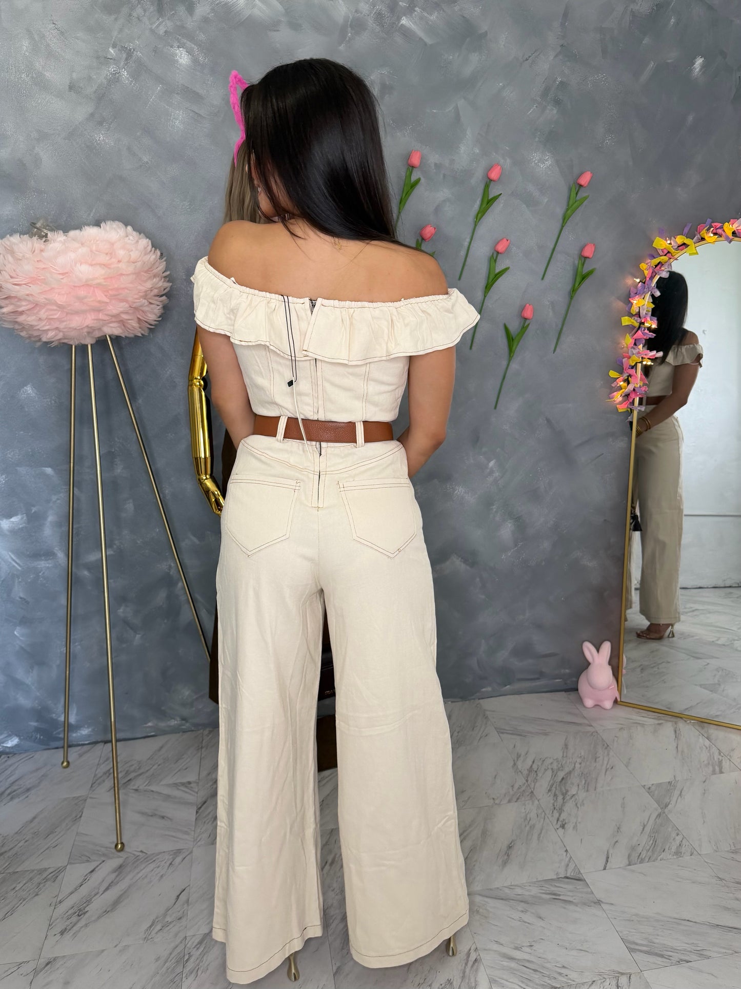 Cream Denim Jumpsuit